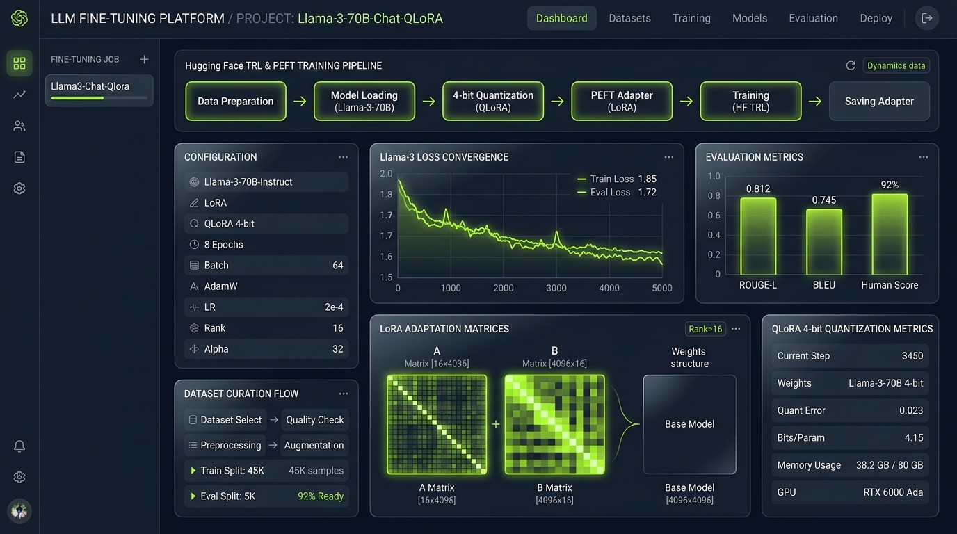 LLM Fine-Tuning Platform dashboard showing LoRA training pipeline and model alignment metrics.